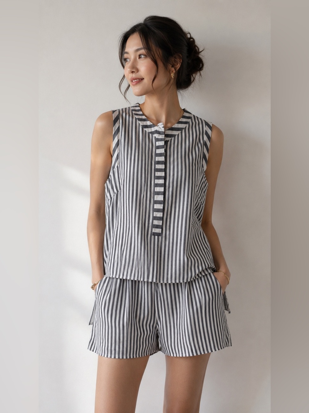 Milly Cotton Sleeveless Striped Shirt Button Up Tank Top, Gray Small